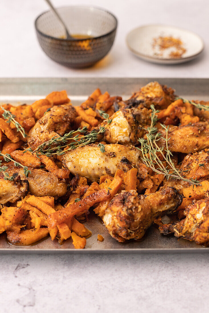 Crispy baked chicken wings paired with seasoned sweet potato fries, garnished with fresh thyme, ready to be enjoyed.