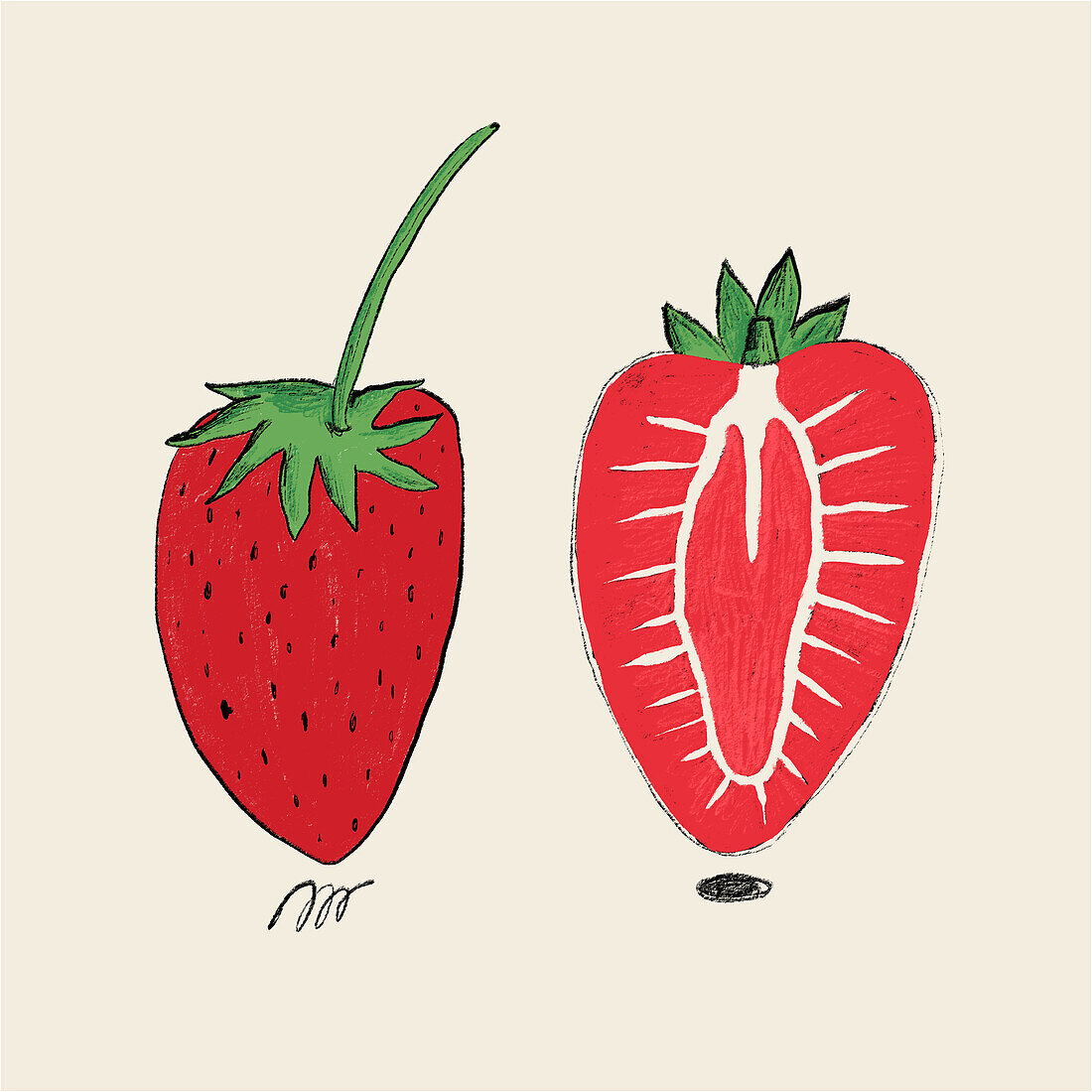 A charmingly textured illustration showcasing a vibrant whole strawberry next to its halved counterpart, revealing the inner details.