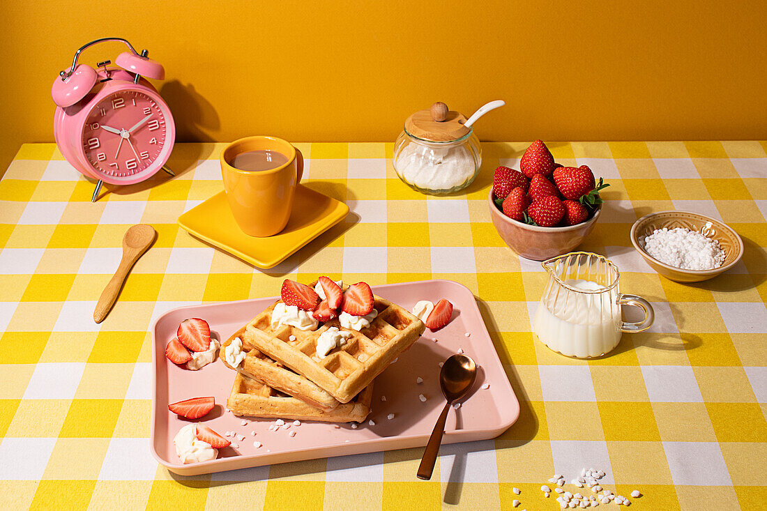 A vivid breakfast scene featuring a waffle topped with strawberries and whipped cream, displayed with a cup of coffee, a bowl of strawberries, and ingredients on a yellow checkered background