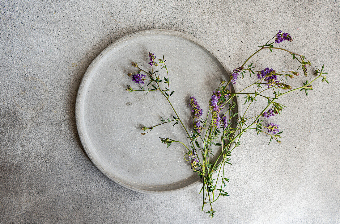 Draufsicht auf einen minimalistisch gedeckten Tisch mit einem schlichten Keramikteller und einem zarten Arrangement aus violetten Wildblumen, die eine heitere Sommeratmosphäre schaffen.