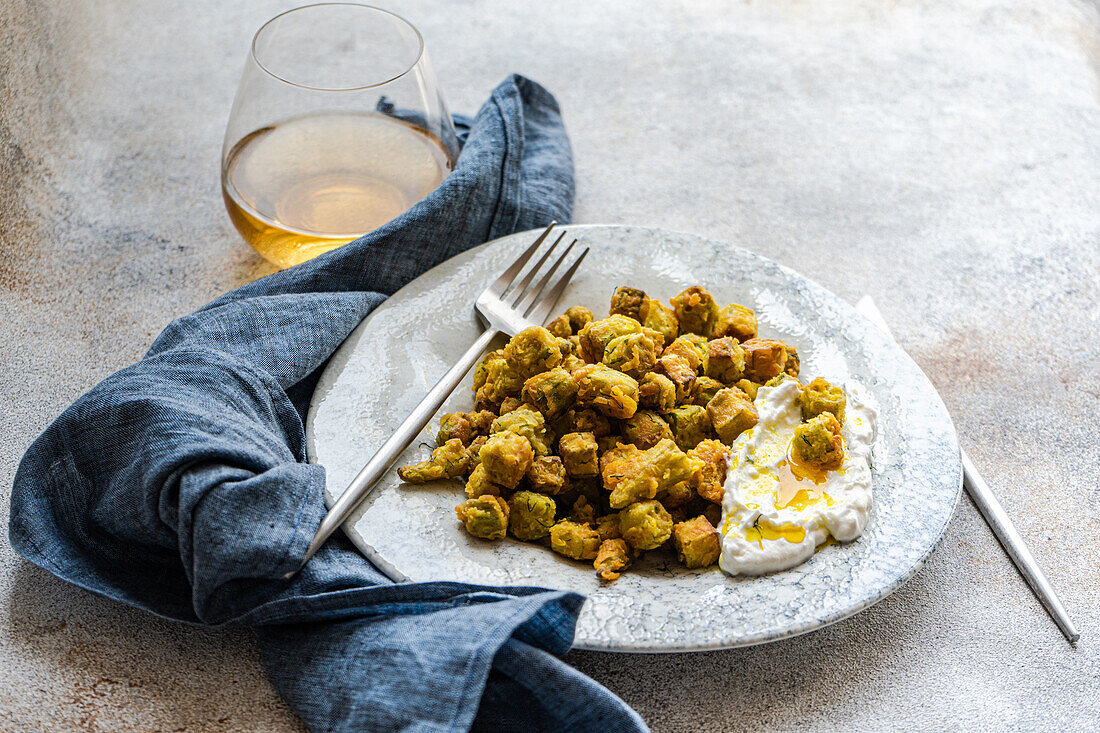 An appetizing plate of fried bamia, served with a creamy sour cream sauce mixed with dill and garlic, a typical dish from the Mediterranean cuisine