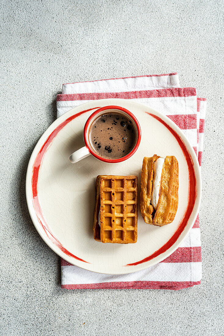 A delightful top-down view of homemade waffles filled with vanilla marshmallow, alongside a cup of coffee, all served on a plate with red stripes resting on a patterned napkin