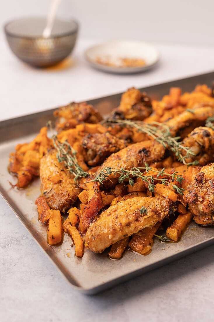 A delicious serving of seasoned chicken wings paired with herbed sweet potato fries on a tray, perfect for a hearty meal.