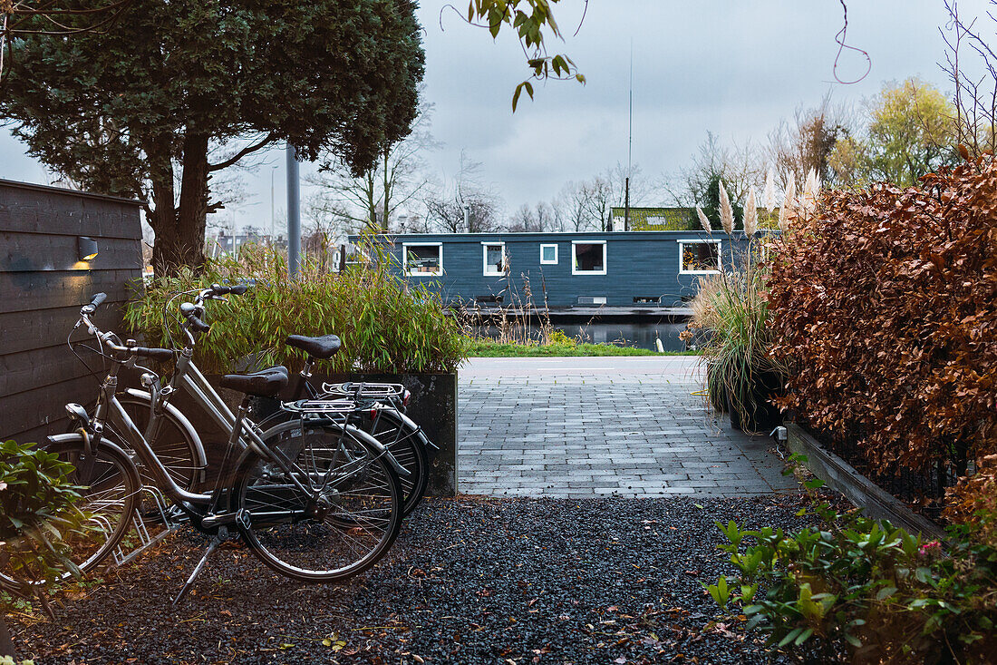 Modern bicycles parked near house on cobblestone yard near trees in suburb area of city in autumn day