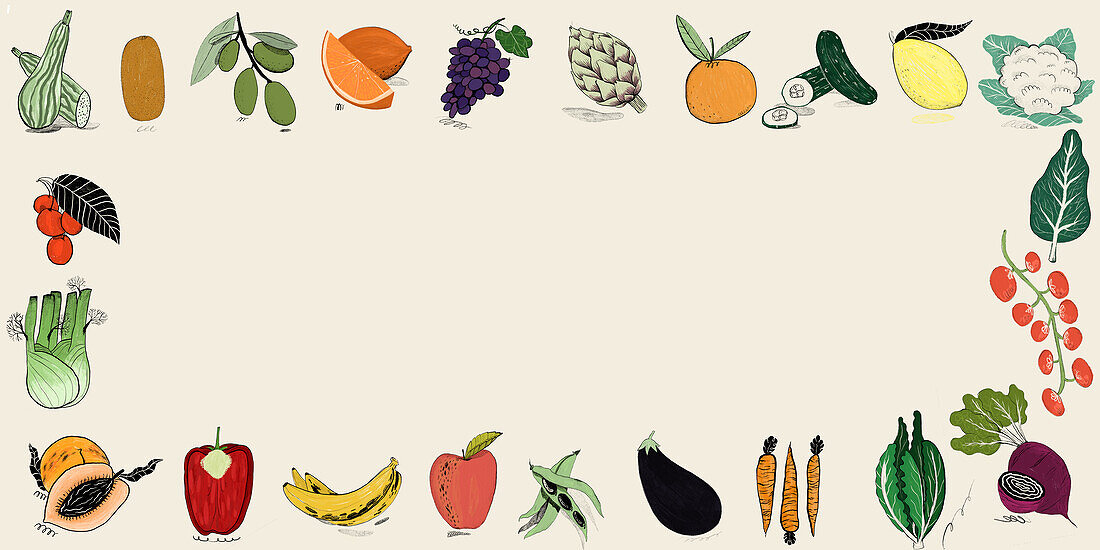 Illustrationen verschiedener Obst- und Gemüsesorten in einer Farbpalette, ideal für Frischmarktthemen und kulinarische Designs.