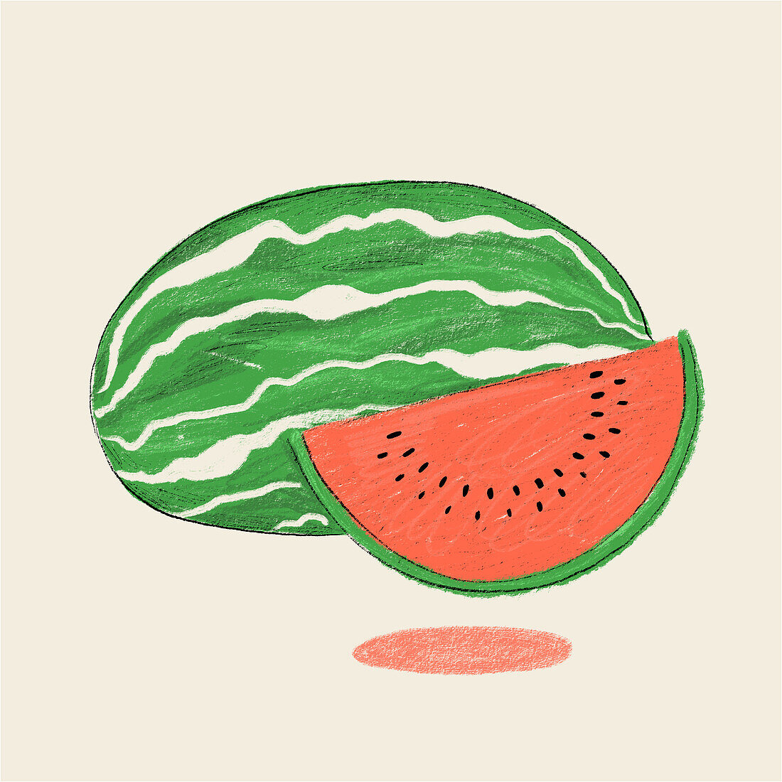 Farbige Illustration einer ganzen Wassermelone und eines aufgeschnittenen Stücks mit sichtbaren Kernen auf einem hellen Hintergrund.