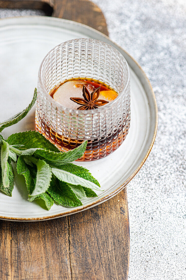 A sophisticated glass of cherry cocktail adorned with ice, mint leaves, and anise star, elegantly presented on a wooden tray.