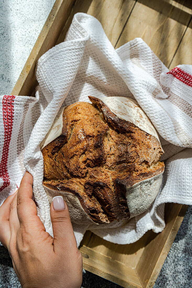 A freshly baked sourdough bread made with rye flour, wrapped in a cloth napkin, natural light enhancing its rustic texture