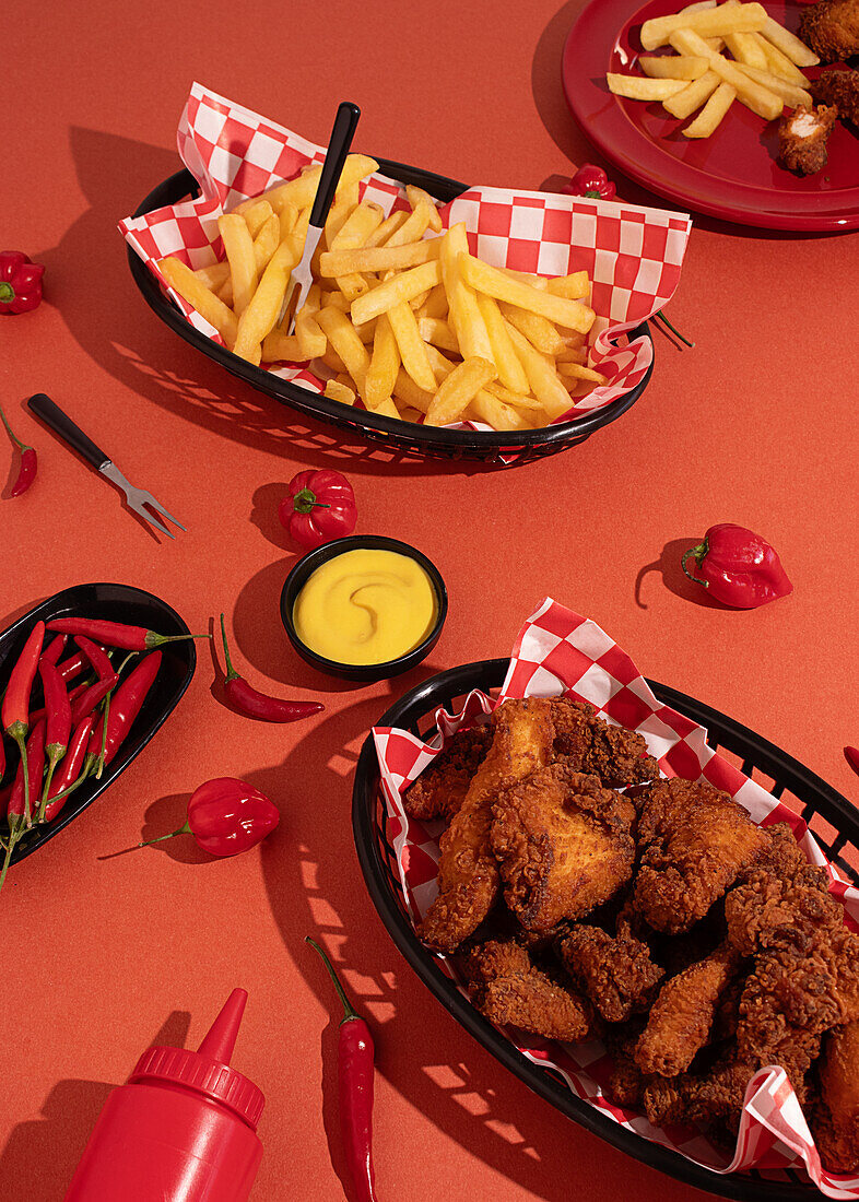 Lebhaftes Bild mit Pommes frites und Brathähnchen in Körben mit rot-weiß kariertem Papier, dazu frische rote Chilischoten und Senfsauce, alles vor einem passenden roten Hintergrund