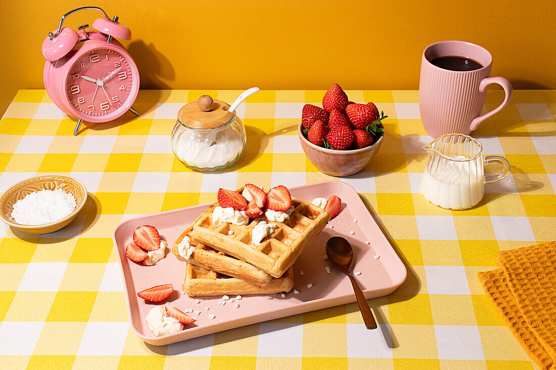 Eine lebhafte Frühstücksszene mit goldenen Waffeln, belegt mit frischen Erdbeeren und Sahne, serviert auf einem stilvollen rosa Tablett, begleitet von einer Tasse Kaffee, einer Schale mit Erdbeeren, Zucker und Sahne, vor einem fröhlichen gelben Hintergrund