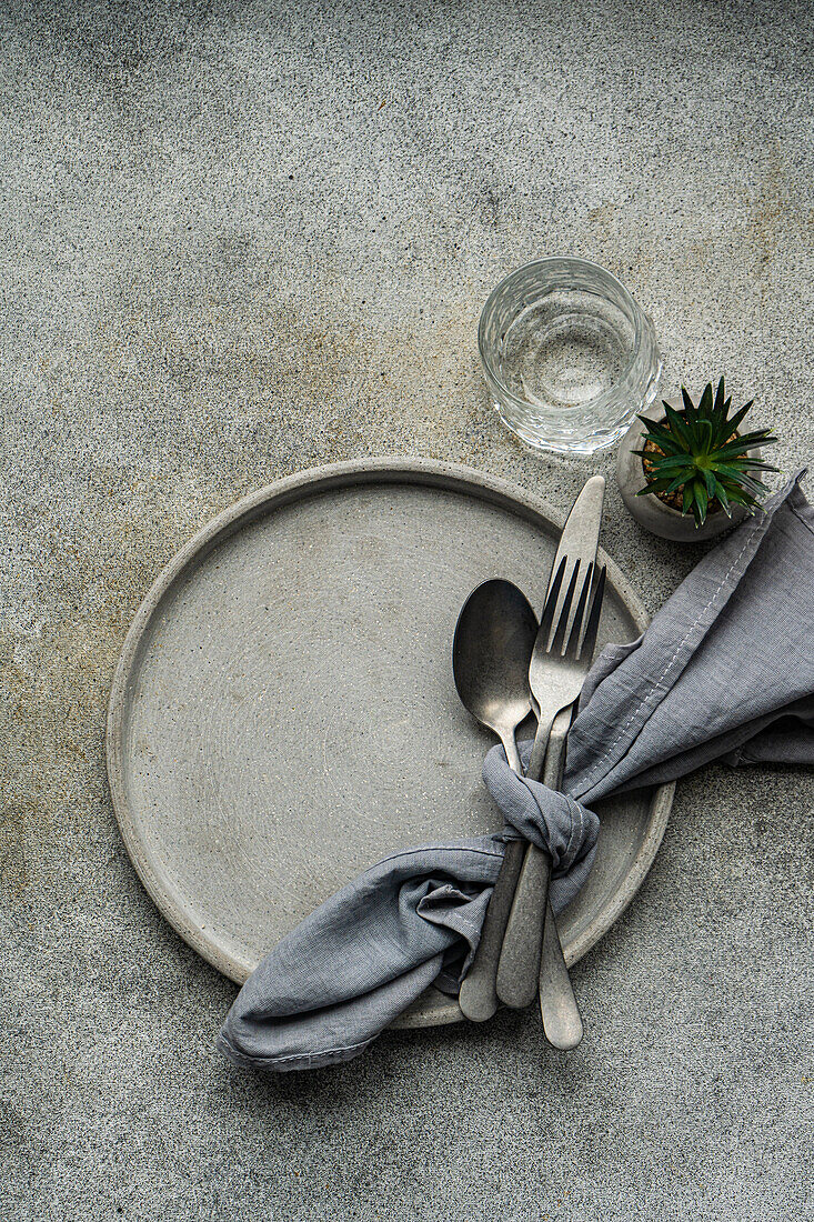 From above of tasteful minimalist table setting showcasing a ceramic plate, silver cutlery bundled in a grey napkin, a textured glass, and a miniature succulent plant