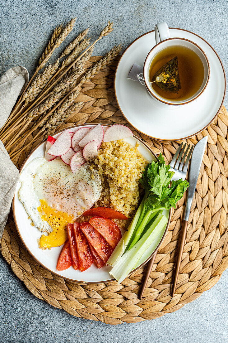 An appetizing healthy lunch set featuring a sunny side up fried egg, fluffy bulgur cereal, fresh organic radish slices, ripe tomato wedges, crisp celery sticks, and a soothing cup of tea, all artfully presented on a rustic woven placemat with wheat ears as decor.