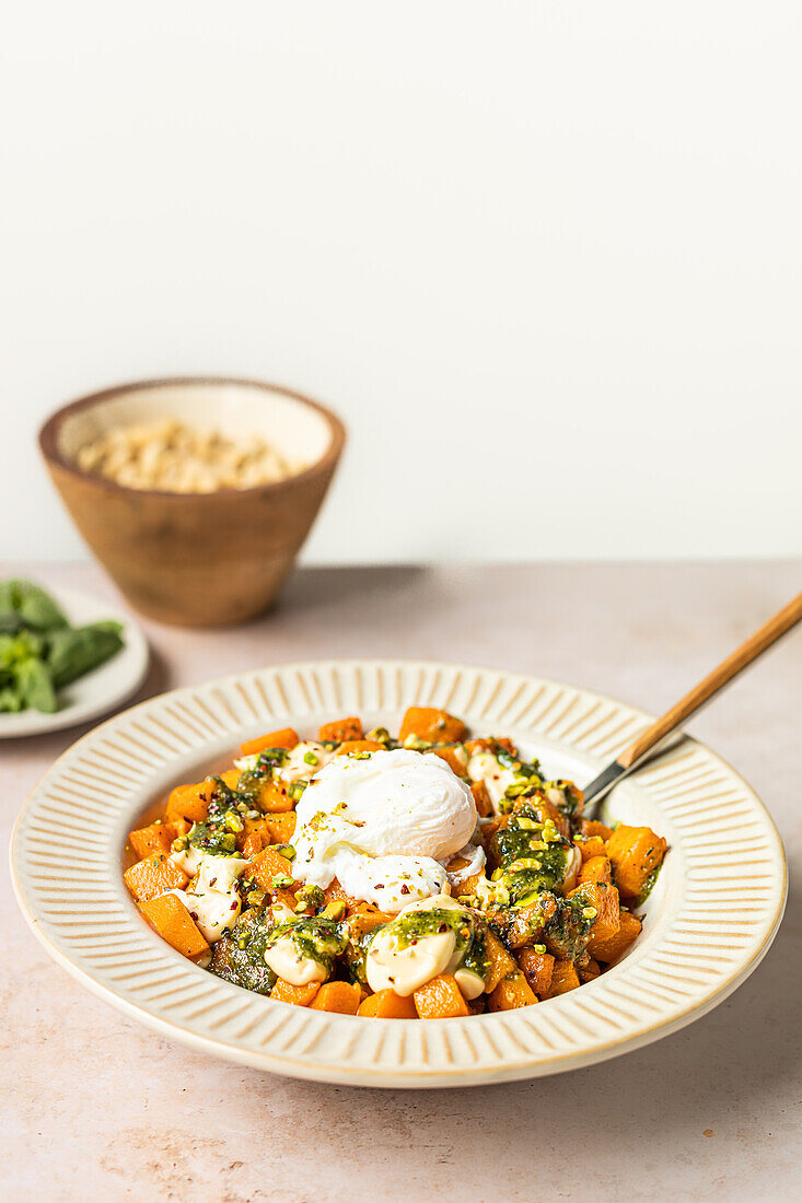 A vibrant dish of roasted squash with mayonnaise and pesto, served in a striped bowl, captured from an angled view.