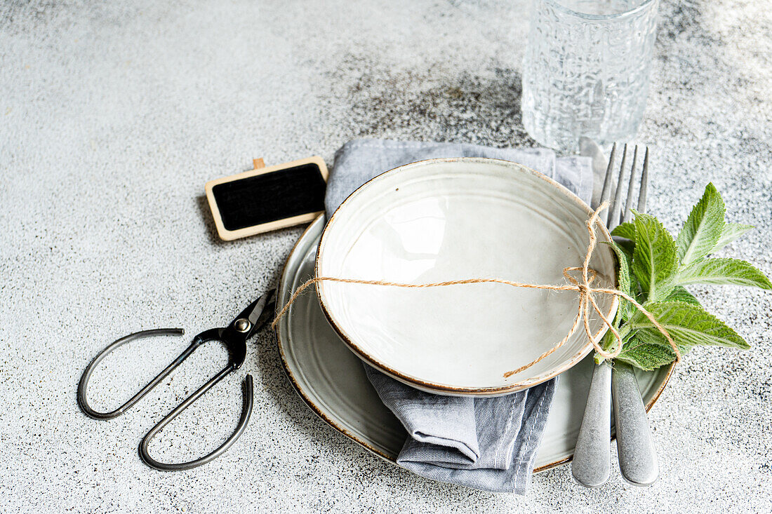 A beautifully arranged summer table setting featuring an elegant ceramic plate tied with twine, accompanied by a fresh sprig of mint, a textured tablecloth, and sleek cutlery, all set against a speckled gray backdrop