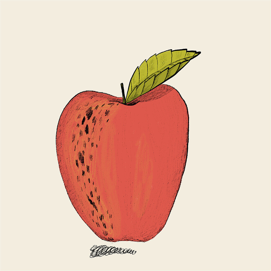 A vibrant illustration showcasing a single red apple with a textured surface and a green leaf, exuding a handcrafted charm.