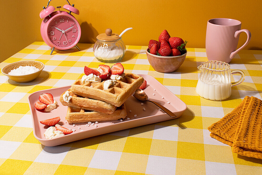 Eine fröhliche Frühstücksszene mit goldbraunen Waffeln mit Sahne und frischen Erdbeeren auf einem rosafarbenen Teller, begleitet von Zutaten und Utensilien auf einem gelb karierten Tisch