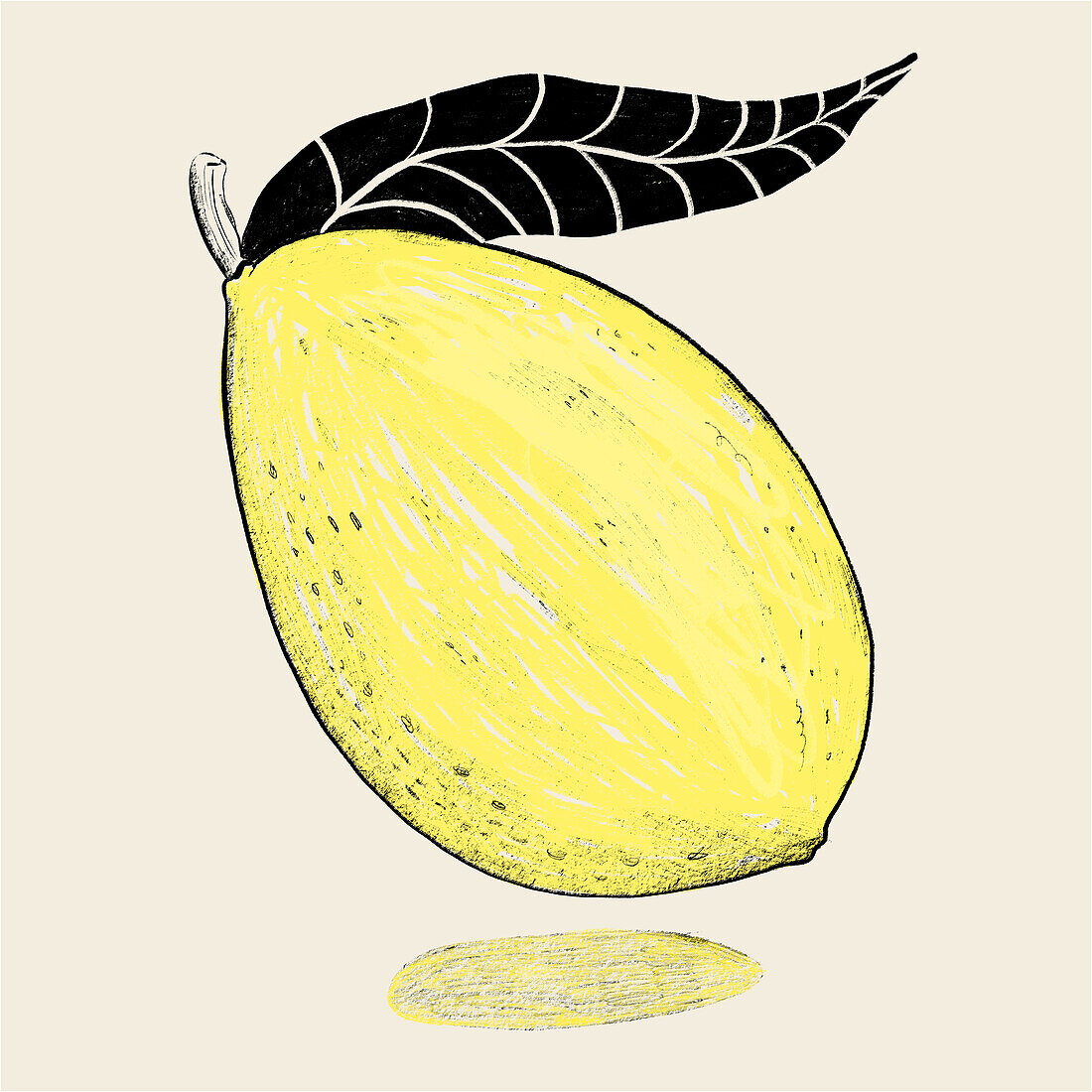 Eine strukturierte handgezeichnete Illustration einer leuchtend gelben Mango mit einem detaillierten dunklen Blatt, hervorgehoben auf einem neutralen Hintergrund.