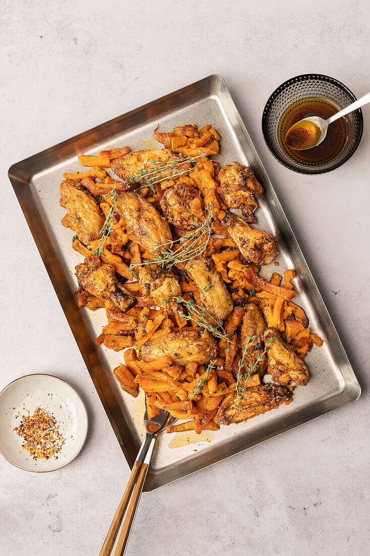 From above top view of roasted chicken wings and sweet potato fries served on a metal tray, captured from above.