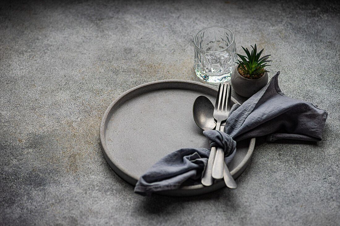 A tasteful minimalist table setting showcasing a ceramic plate, silver cutlery bundled in a grey napkin, a textured glass, and a miniature succulent plant