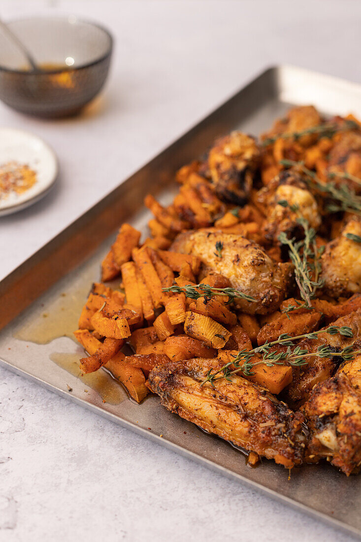 Seasoned chicken wings next to sweet potato cubes on a tray with dipping sauce and sprinkled thyme.