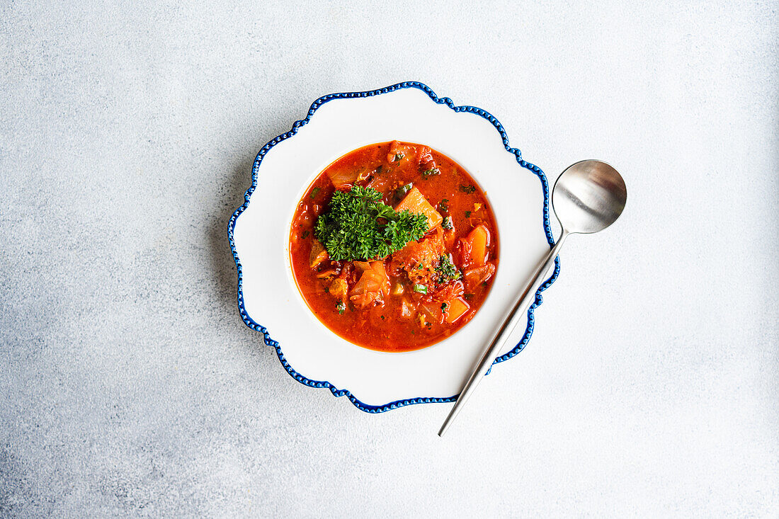 A delicious bowl of traditional Ukrainian borscht, made with beetroot, meat, and topped with a dollop of sour cream, garnished with parsley