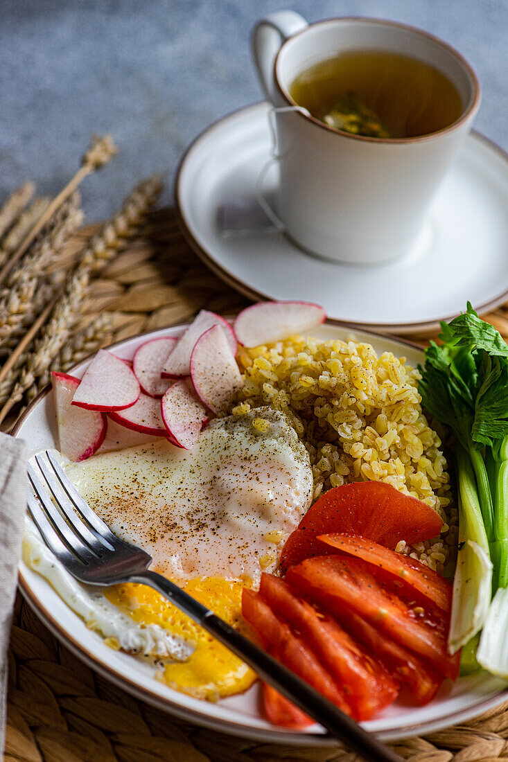 Ein nahrhafter Mittagsteller mit geschnittenen Radieschen, reifen Tomaten, knackigem Sellerie, einem gewürzten Spiegelei und Bulgur-Getreide, begleitet von einer warmen Tasse Tee.