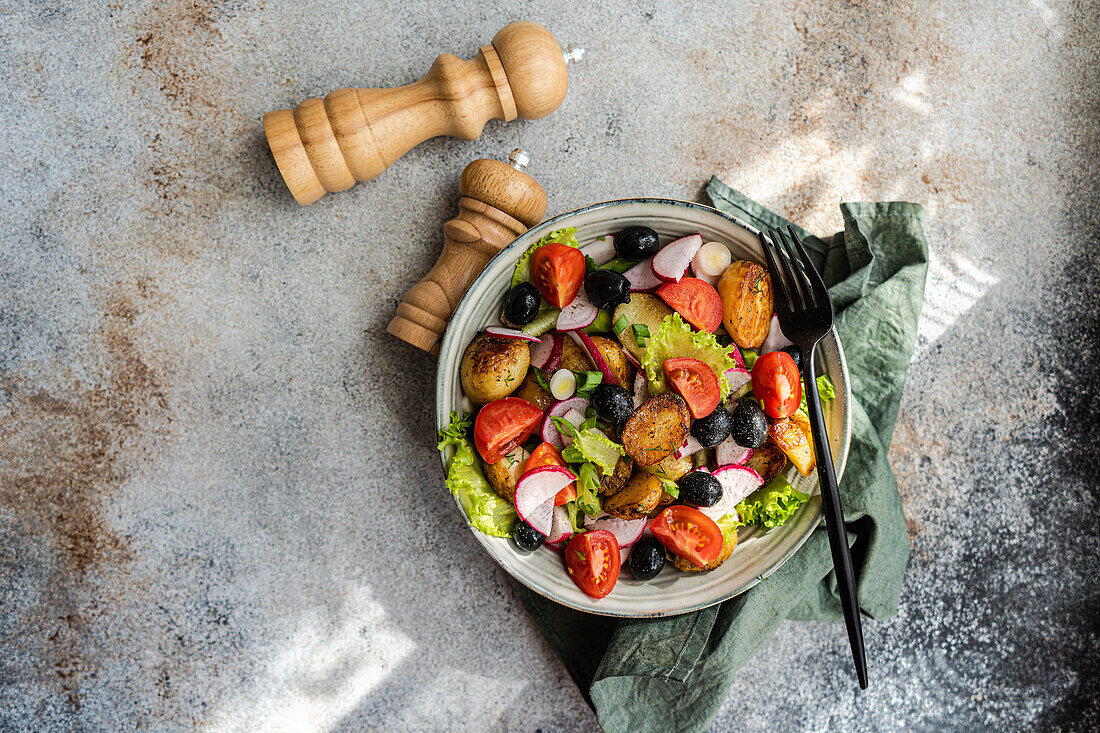 Draufsicht auf einen rustikalen mediterranen Kartoffelsalat mit Frühlingskartoffeln, schwarzen Oliven, Kirschtomaten, Frühlingszwiebeln, knackigem Kopfsalat und Radieschen, serviert mit einem Hauch von Eleganz