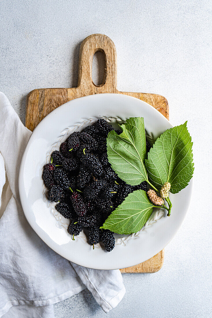 Draufsicht auf einen weißen Teller mit saftigen, dunklen Maulbeeren, garniert mit frischen grünen Blättern, präsentiert auf einem rustikalen Holzbrett. Das Bild ist so komponiert, dass es ein Gefühl von natürlicher und organischer Frische vermittelt, perfekt, um Gesundheit und Vitalität zu vermitteln.