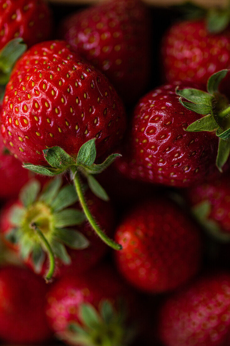 Close-up image showcases a selection of fresh, ripe strawberries with vibrant red hues, captured in natural lighting to emphasize their organic quality