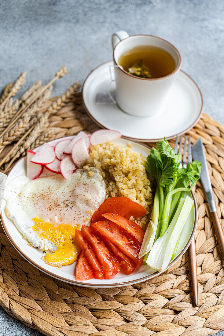 Ein nahrhafter Teller mit frischen Radieschen, Tomaten, Selleriestangen, Spiegelei, Bulgur-Getreide, begleitet von einer Tasse Kräutertee, präsentiert auf einem gewebten Tischset.