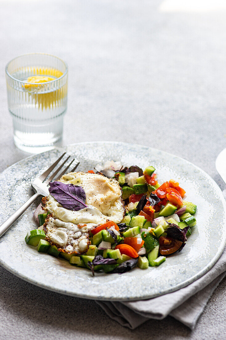 A healthy keto-friendly lunch plate featuring an egg, fresh cucumber, tomatoes, garnished with purple leaves, served on a textured white plate