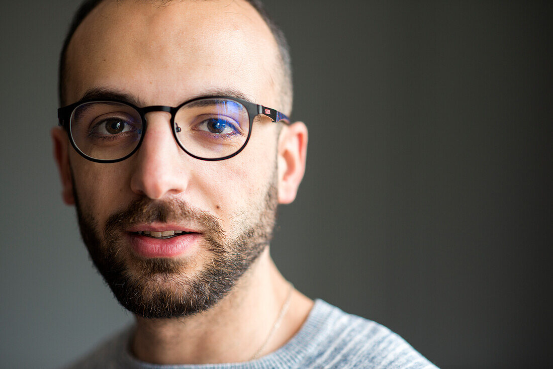 Studio shot portrait of Ammar, a Syrian refugee with valit and legal status to build his life in Holland. Tilburg, Netherlands. MR=YES