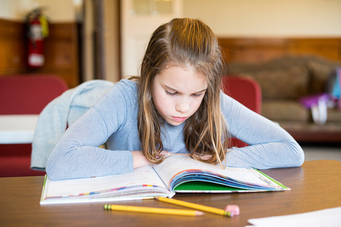 Harrison, New York, USA. Young, female student to the Schol for Dutch Language & Culture, working on her assignment.