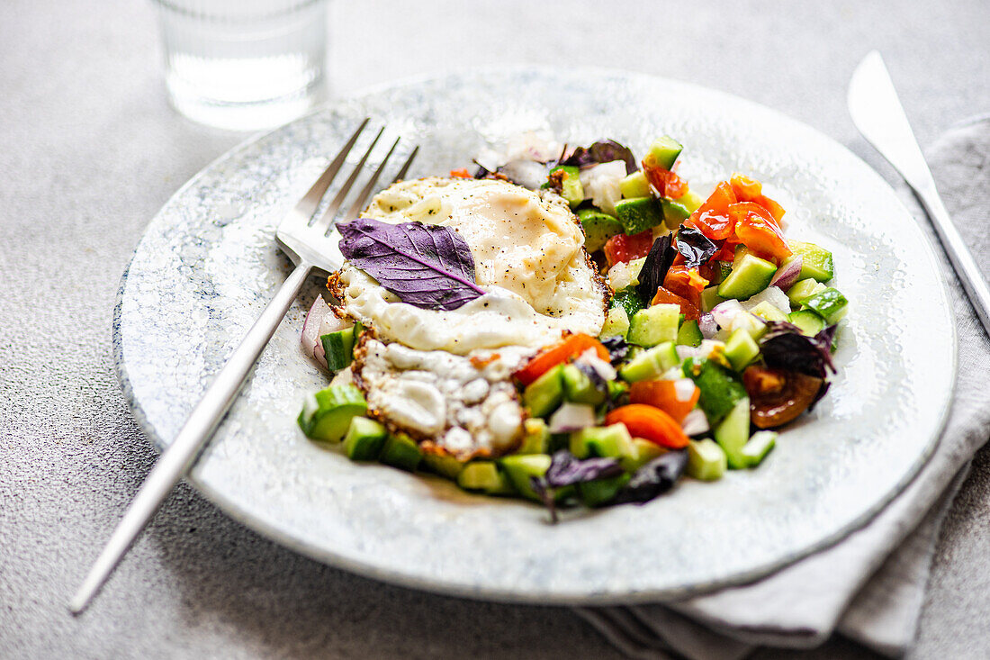 A nutritious keto-friendly lunch featuring a freshly cooked egg atop a colorful mixed salad with cucumbers, tomatoes, and purple basil, served on a marbled plate with elegant silverware