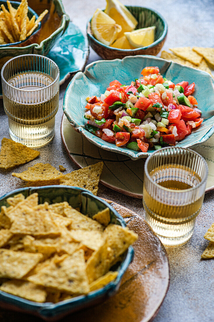 Kräftige Pico de Gallo, eine klassische mexikanische Salsa mit gewürfelten Tomaten, Zwiebeln, Koriander und einem Spritzer Zitronensaft, begleitet von goldenen Mais-Chips und Zitronenspalten