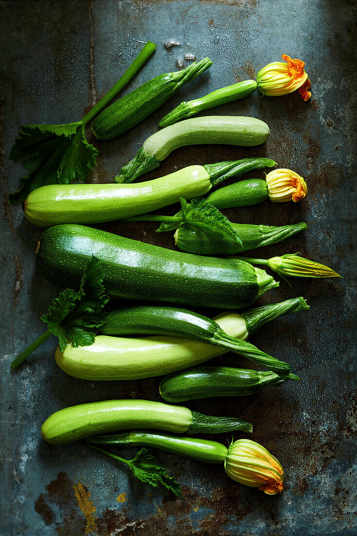 Fresh courgettes and courgette flowers on a grey metal background