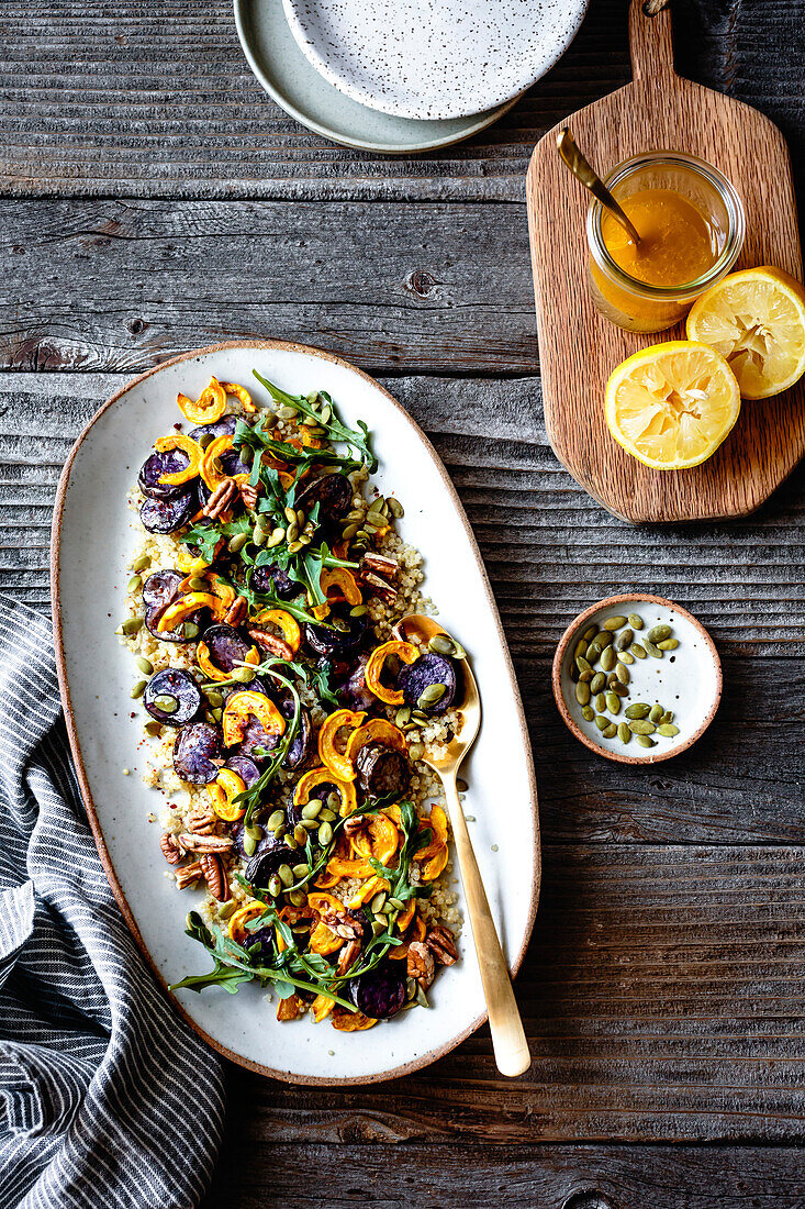 Quinoa salad with roasted delicata squash, beetroot and rocket