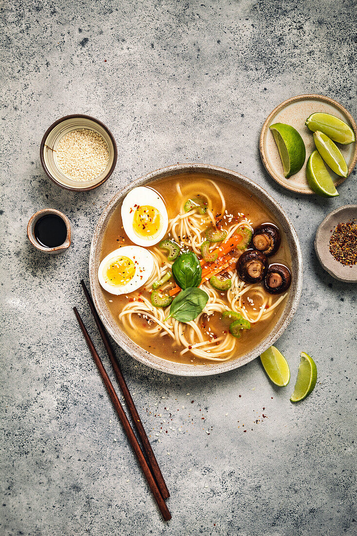 Ramen-Schüssel mit Nudeln, Eiern, Pilzen, Karotten und Sesam auf grauem Hintergrund