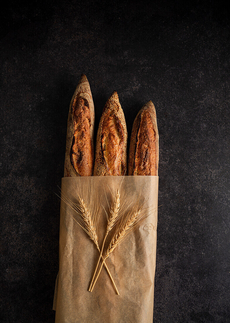 Three Fresh French Baguettes on Black Backdrop