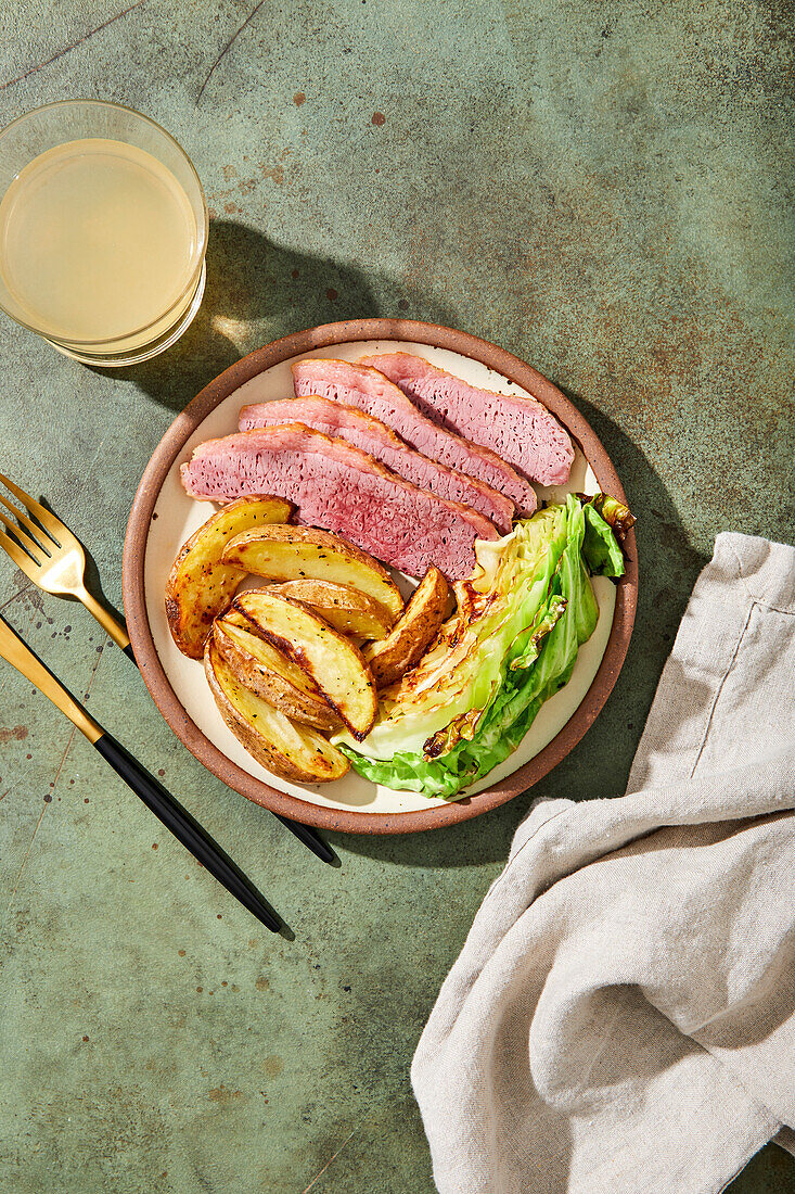 Corned Beef, Bratkartoffeln und Kohlgericht auf grünem Hintergrund