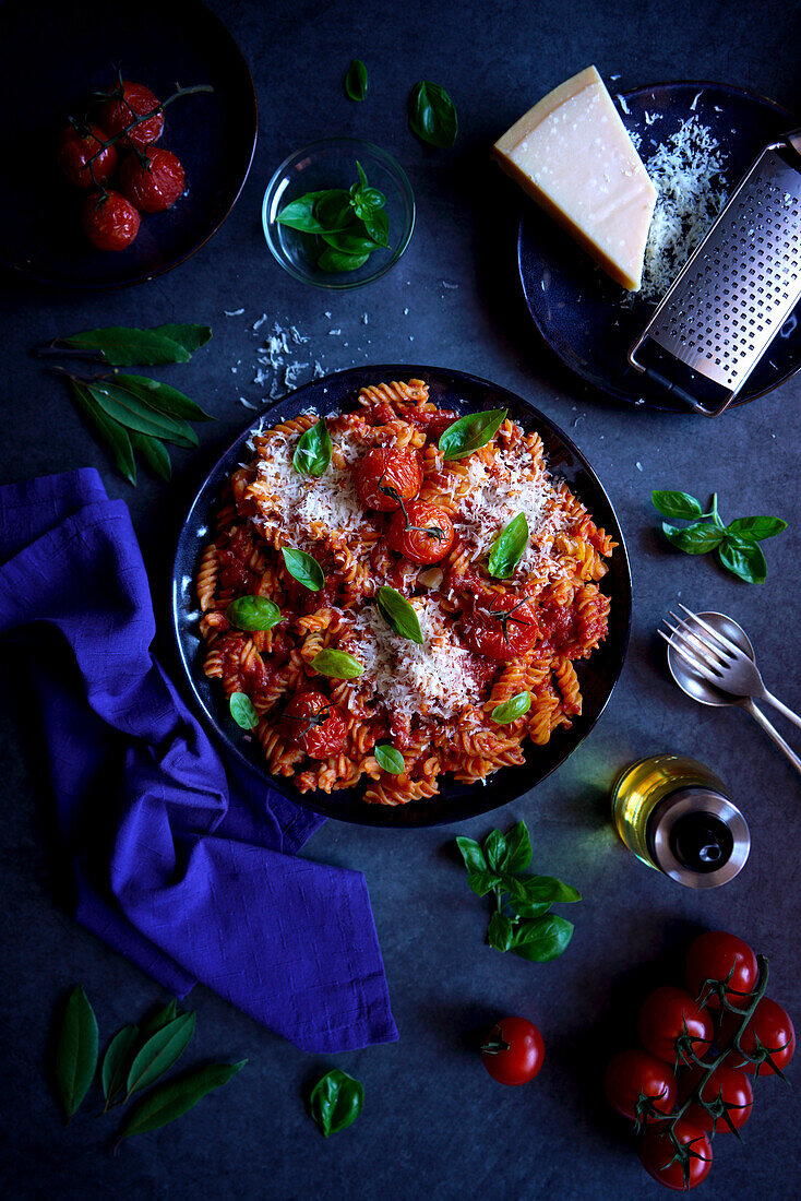 Pflanzliche, proteinreiche Pasta aus roten Linsen mit gebratenen Rispentomaten und Basilikum.