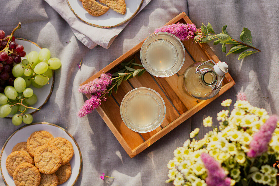 Outdoor summer picnic with cloudy lemonade, cookies and grapes on a blanket