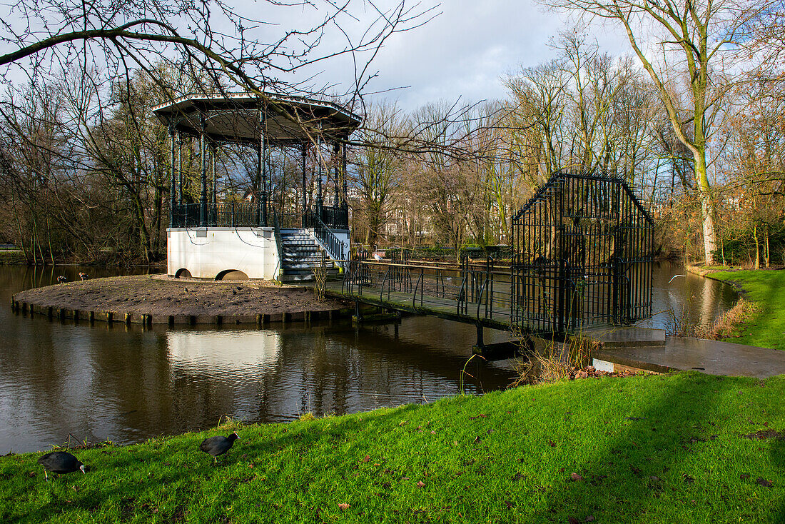 Amsterdam, Netherlands. Tea- and music stand, situated in a pond in down town Vondelpark.