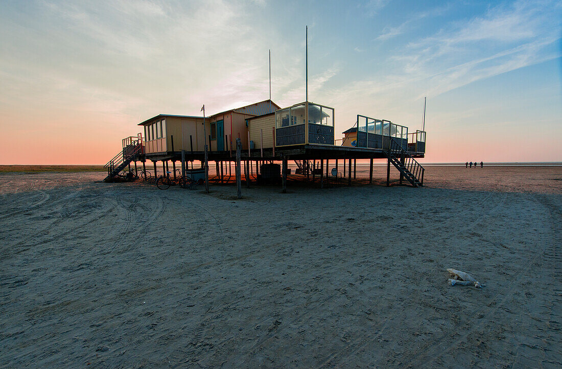 A Wooden, Elevated Beach House on North Beach / Noorderstrand on Schiermonnikoog Island, is used as Home Base of Kiters, Surfers and various other Watersports Enthousiasts. Wadden Sea, Groningen, Netherlands.