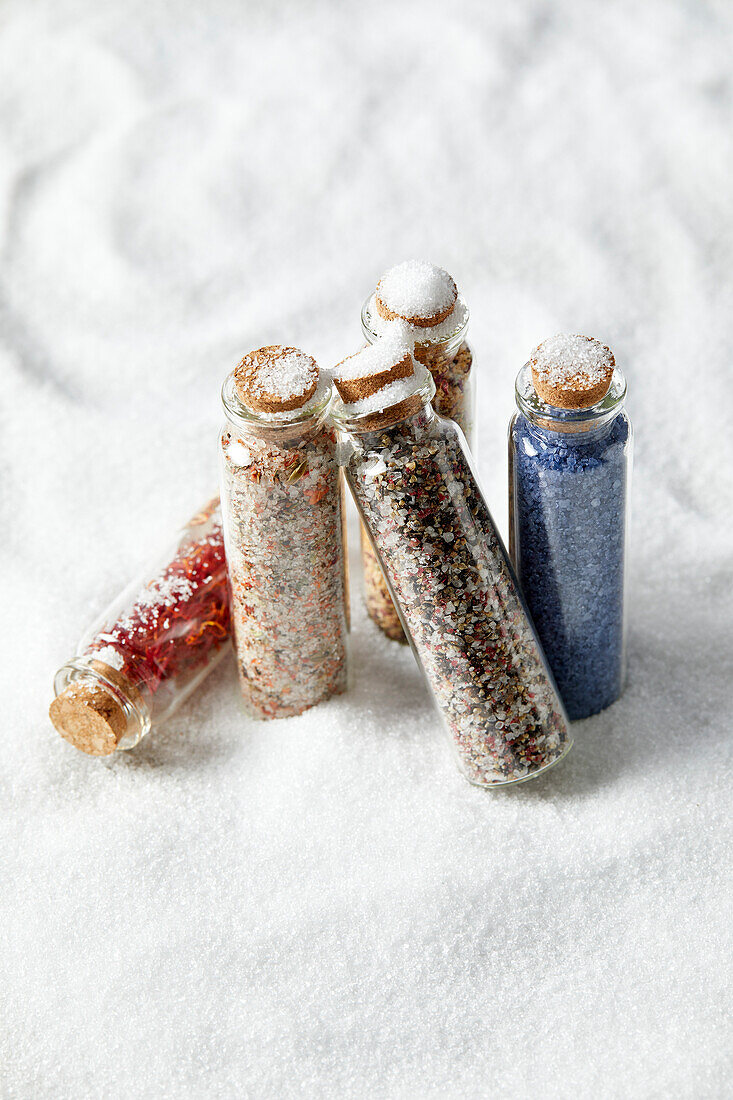 Various jars of special salts for cooking