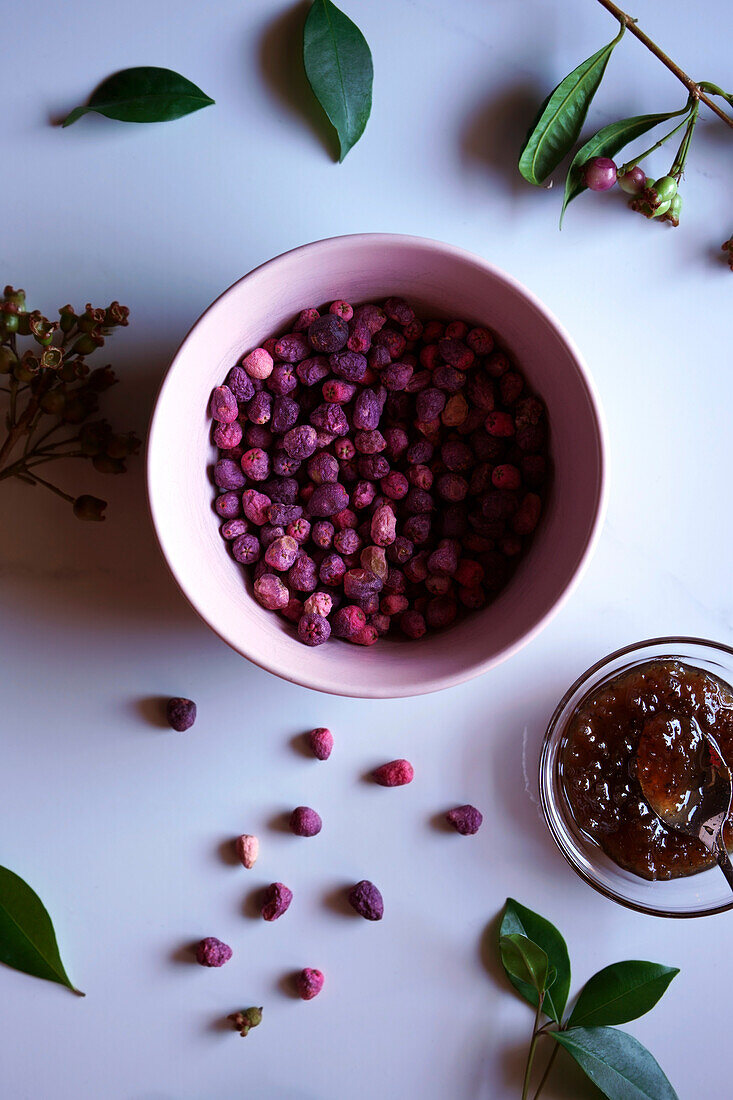 Früchte des australischen Lilly-Pilly-Baums, der aufgrund seines Nährwerts als Superfood gilt. Nahaufnahme von gefriergetrockneten Beeren mit Lilly-Pilly-Konfitüre.