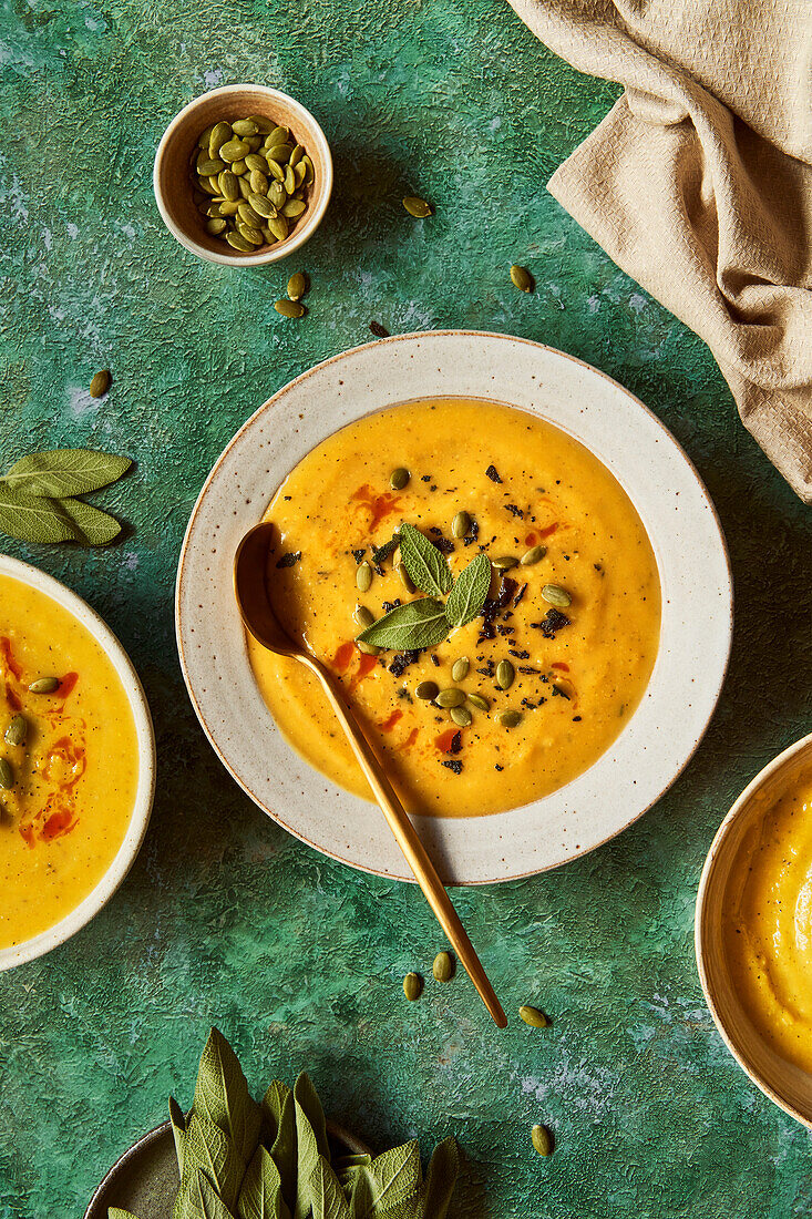 Pumpkin soup on a green surface with sage and pumpkin seeds