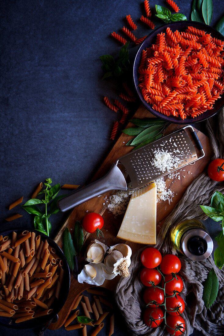 Preparation of Plant Based High Protein Red Lentil and Legume Pasta with Raw Ingredients, with Copy Space.