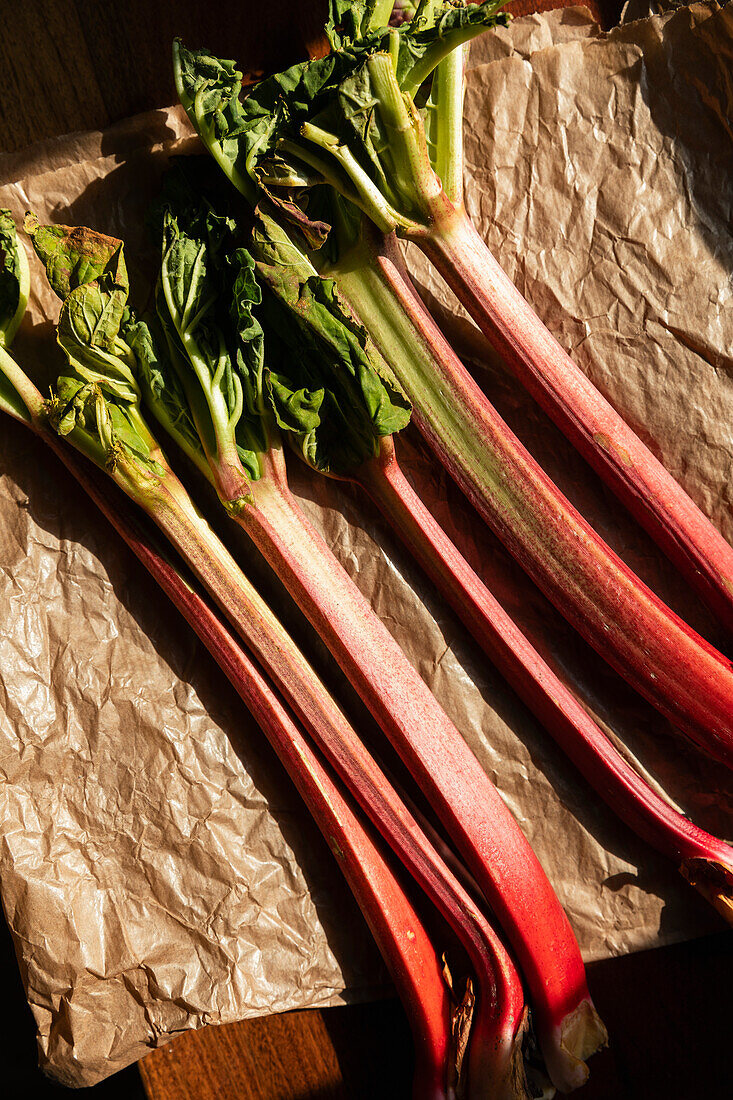 Stalks of hand picked fresh Rhubarb fruit