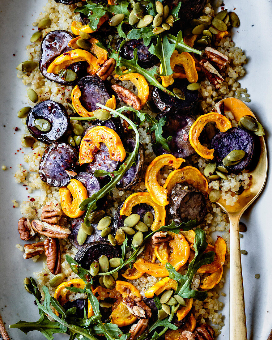 Quinoa salad with roasted delicata squash, beetroot and rocket